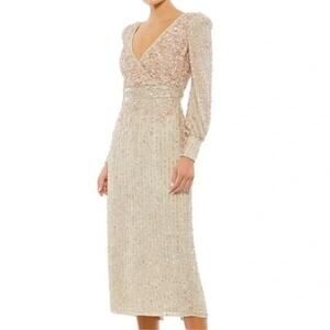 Mac Duggal Sequin V-Neck Bishop Sleeve Mini Dress Nude Sz 8 93593 $498 NEW‎